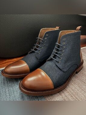 TAFT Jack Boot Mens 11 EU 44 Blue Wool Brown Leather Cap Toe Spain